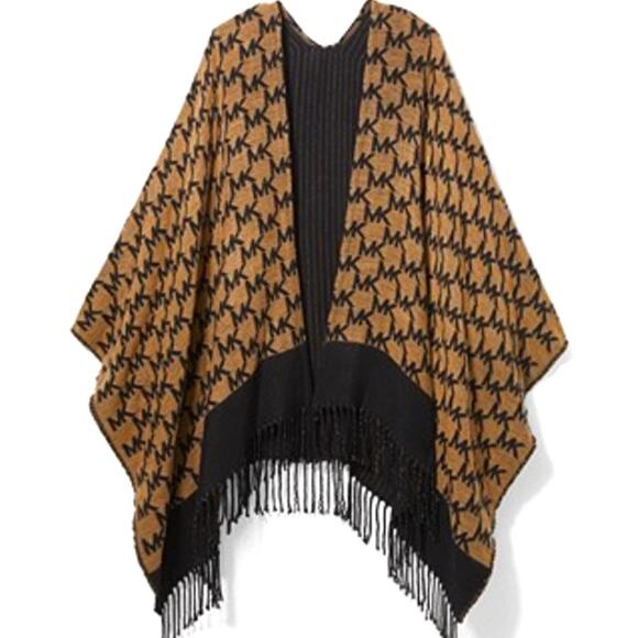 MICHAEL KORS LOGO PONCHO JACQUARD FRINGED RUANA DARK CAMEL & BLACK SWEATER CAPE - Picture 1 of 1